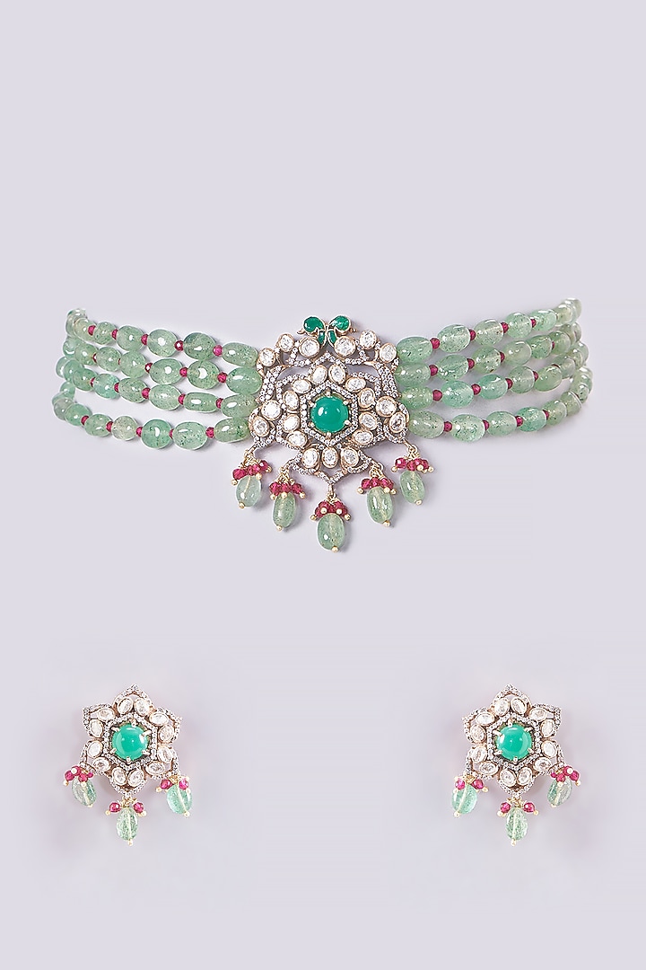 Gold Plated Emerald Moissanite Polki & Ruby Stones Handcrafted Choker Necklace Set In Sterling Silver by IVORINE at Pernia's Pop Up Shop