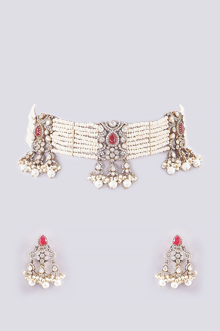 Gold Plated Moissanite Polki & Ruby Stones Handcrafted Choker Necklace Set In Sterling Silver by IVORINE at Pernia's Pop Up Shop