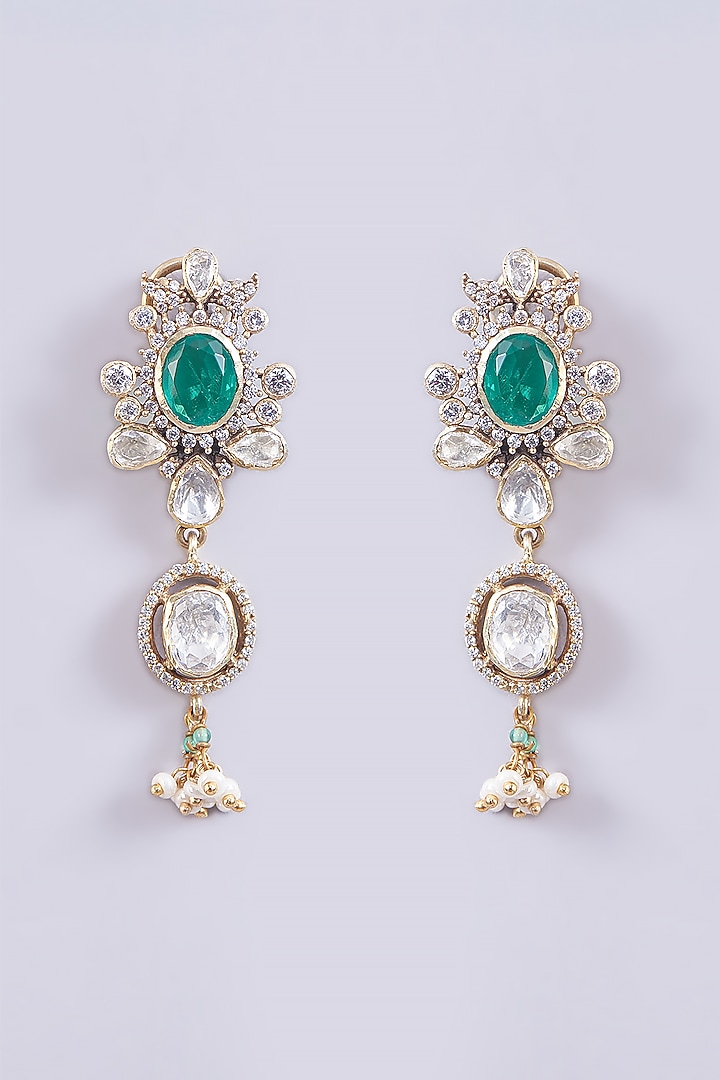 Gold Plated Moissanite Polki & Emerald Floral Dangler Earrings In Sterling Silver by IVORINE at Pernia's Pop Up Shop