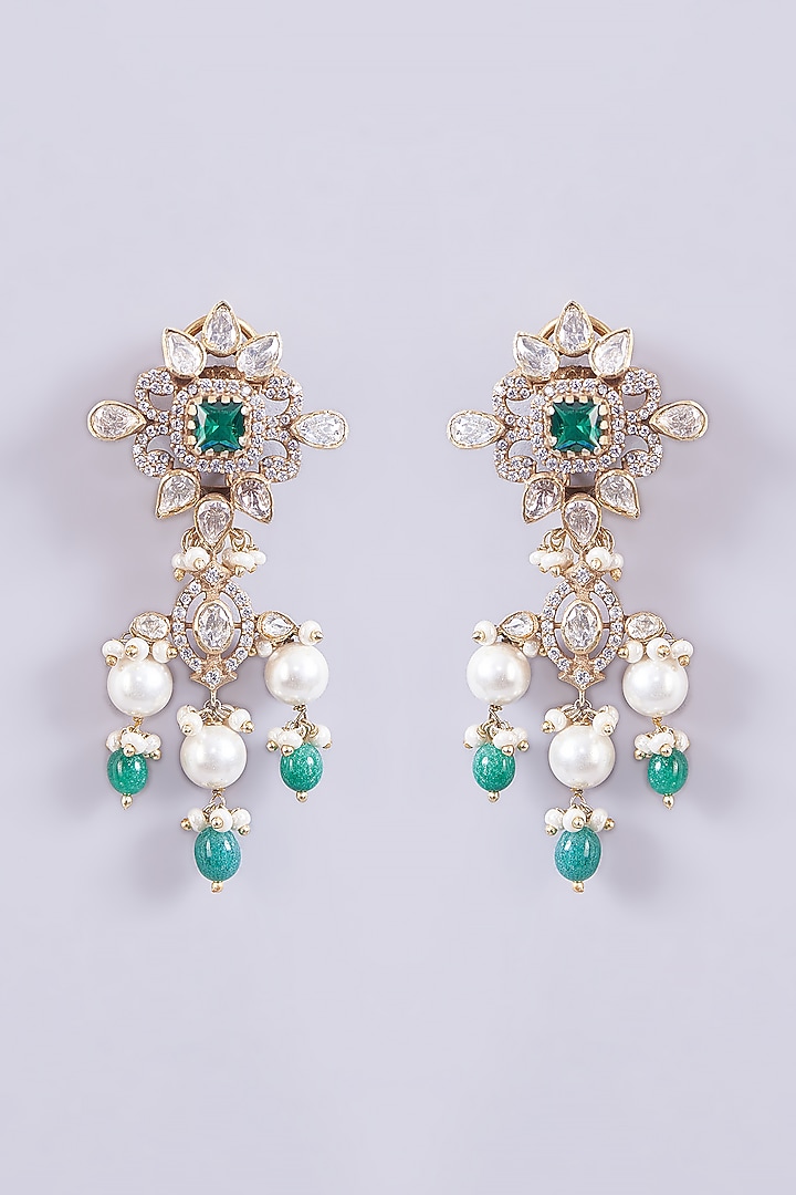 Gold Plated Moissanite Polki & Emerald Dangler Earrings In Sterling Silver by IVORINE at Pernia's Pop Up Shop
