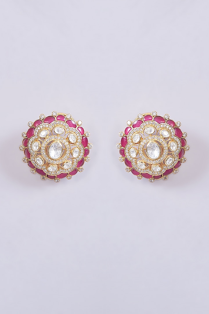 Gold Plated Moissanite Polki & Ruby Stud Earrings In Sterling Silver by IVORINE at Pernia's Pop Up Shop