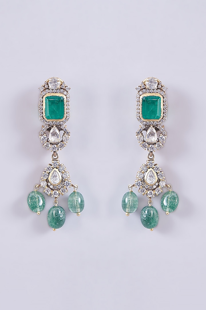 Gold Plated Moissanite Polki & Emerald Dangler Earrings In Sterling Silver by IVORINE at Pernia's Pop Up Shop