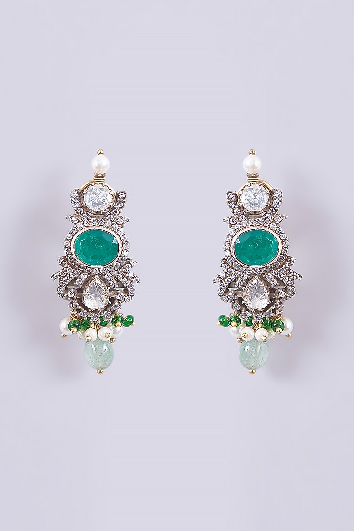 Gold Plated Moissanite Polki & Emerald Dangler Earrings In Sterling Silver by IVORINE at Pernia's Pop Up Shop