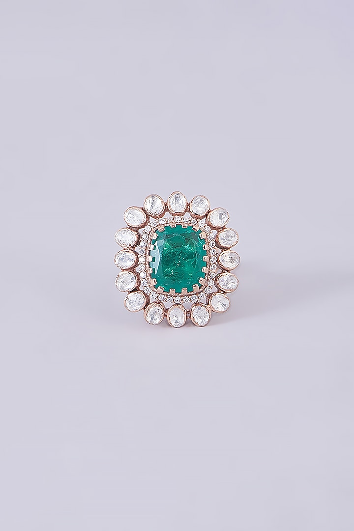 Gold Plated Moissanite Polki & Emerald Ring In Sterling Silver by IVORINE at Pernia's Pop Up Shop