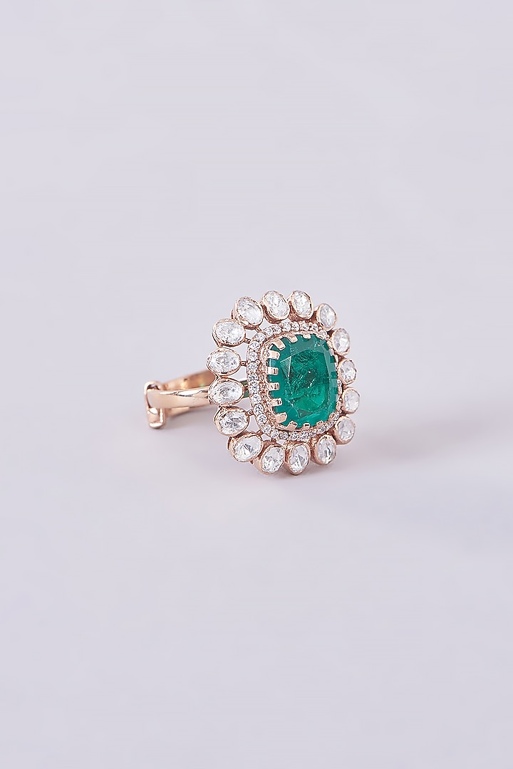 Gold Plated Moissanite Polki & Emerald Ring In Sterling Silver by IVORINE at Pernia's Pop Up Shop