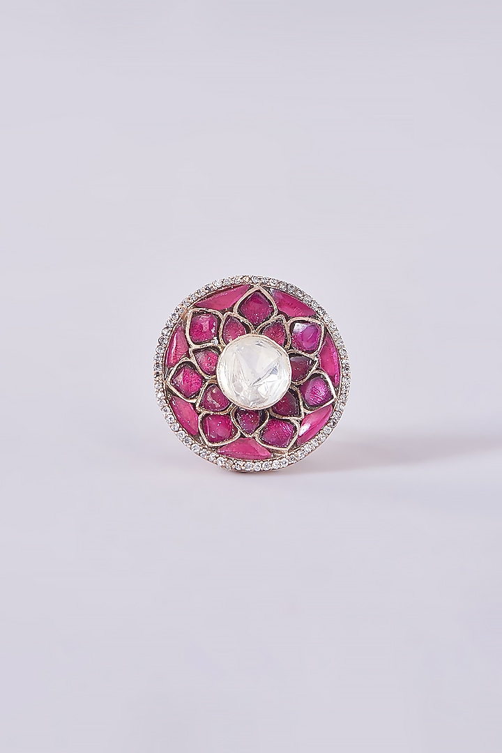 Gold Plated Moissanite Polki & Ruby Ring In Sterling Silver by IVORINE at Pernia's Pop Up Shop
