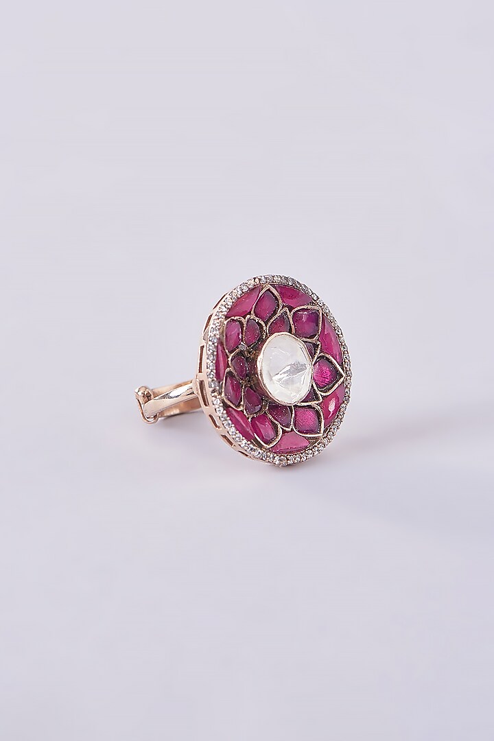 Gold Plated Moissanite Polki & Ruby Ring In Sterling Silver by IVORINE at Pernia's Pop Up Shop