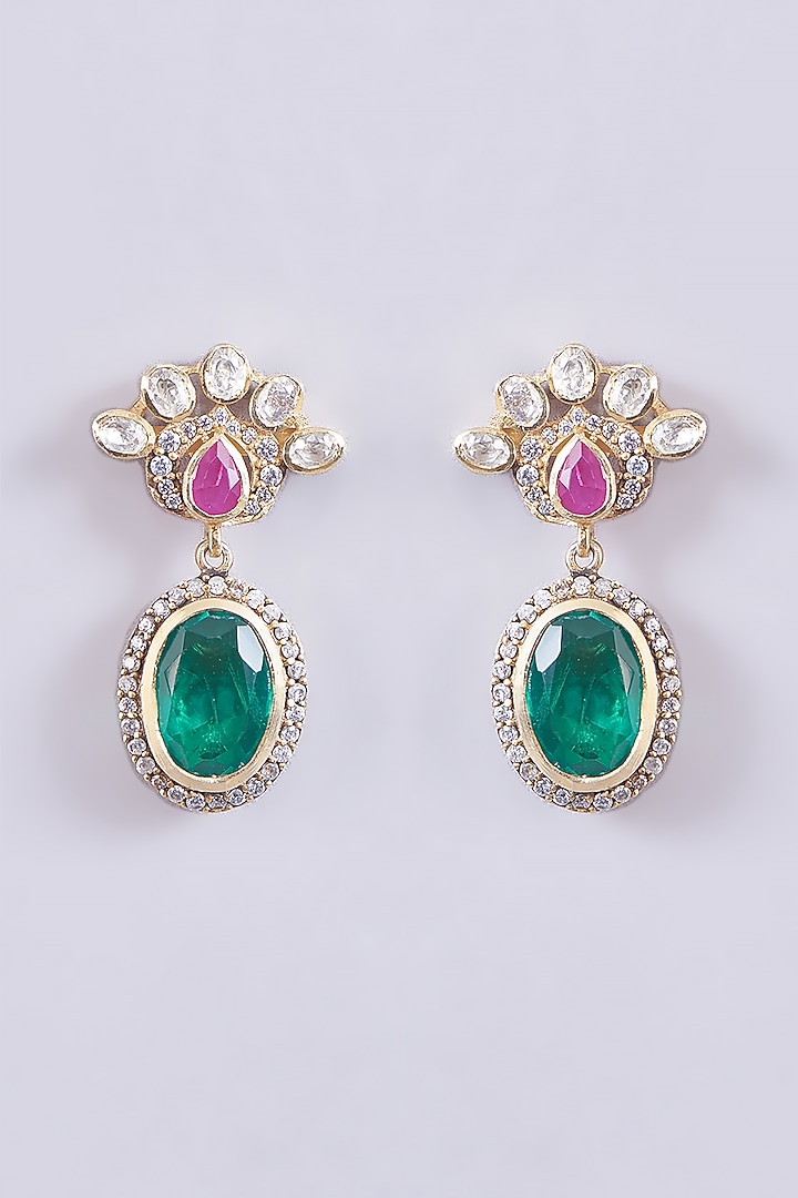 Gold Plated Moissanite Polki & Emerald Floral Dangler Earrings In Sterling Silver by IVORINE at Pernia's Pop Up Shop
