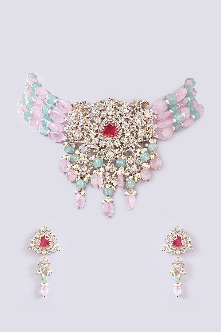Gold Plated Moissanite Polki & Ruby Choker Necklace Set In Sterling Silver by IVORINE at Pernia's Pop Up Shop