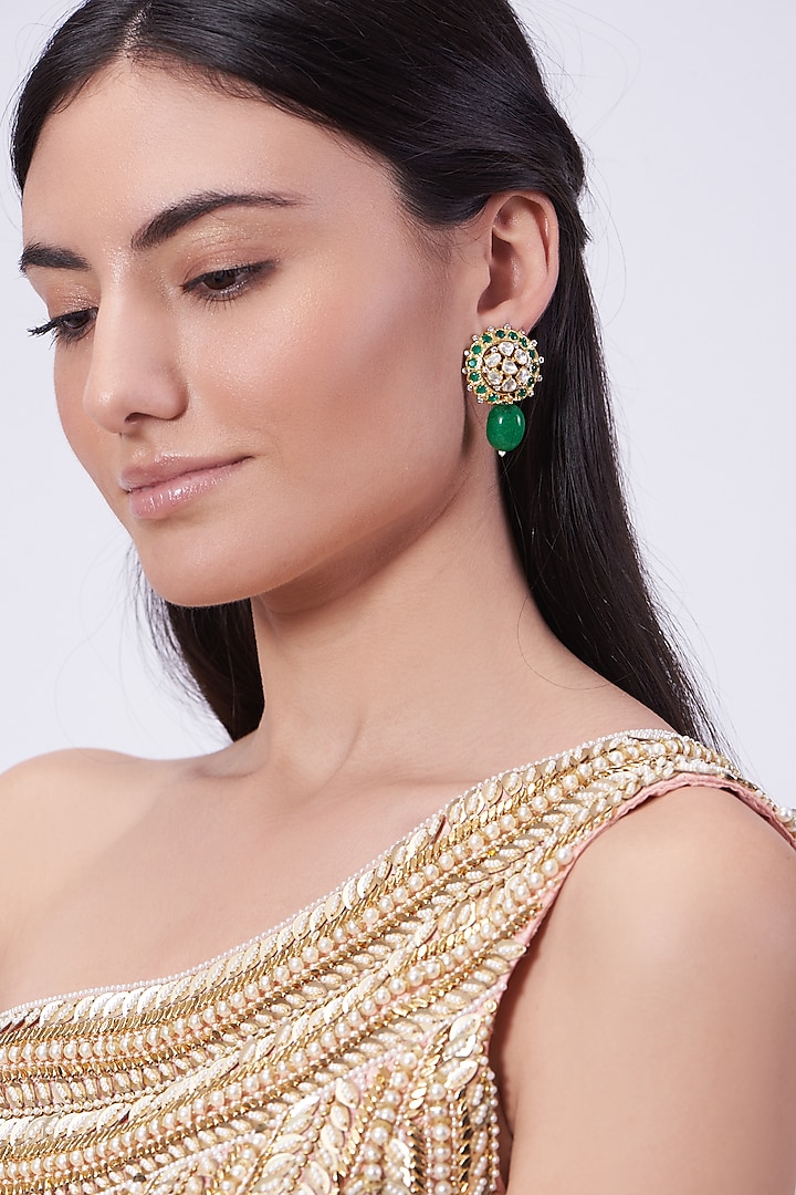 Gold Plated Green Beaded Handcrafted Earrings In Sterling Silver by IVORINE