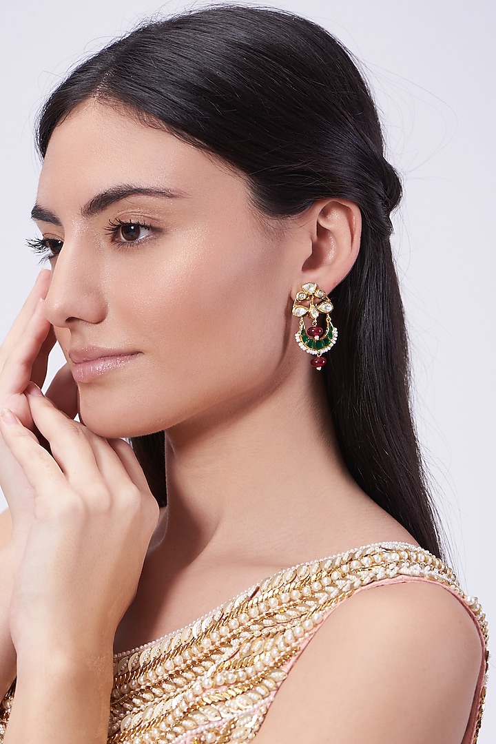 Gold Plated Handcrafted Earrings In Sterling Silver With Ruby Drop by IVORINE