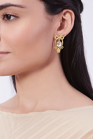 Gold Plated Handcrafted Owl-Stud Earrings In Sterling Silver by IVORINE