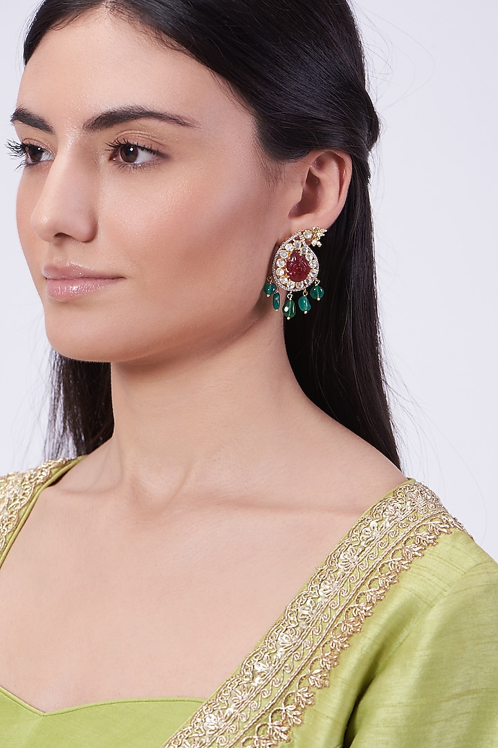 Gold Plated Handcrafted Beaded Dangler Earrings In Sterling Silver by IVORINE