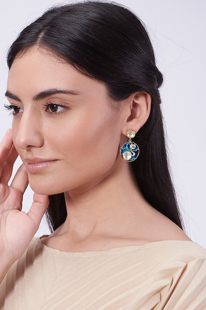 Gold Plated Dangler Earrings In Sterling Silver With Blue Stones by IVORINE