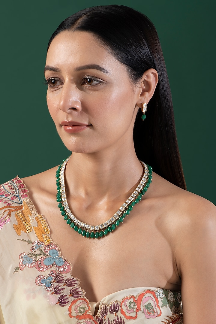Gold Plated Green Onyx Necklace Set In Sterling Silver by IVORINE