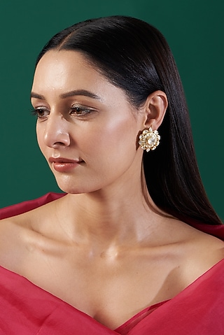 Gold Plated Moissanite Polki Earrings In Sterling Silver by IVORINE