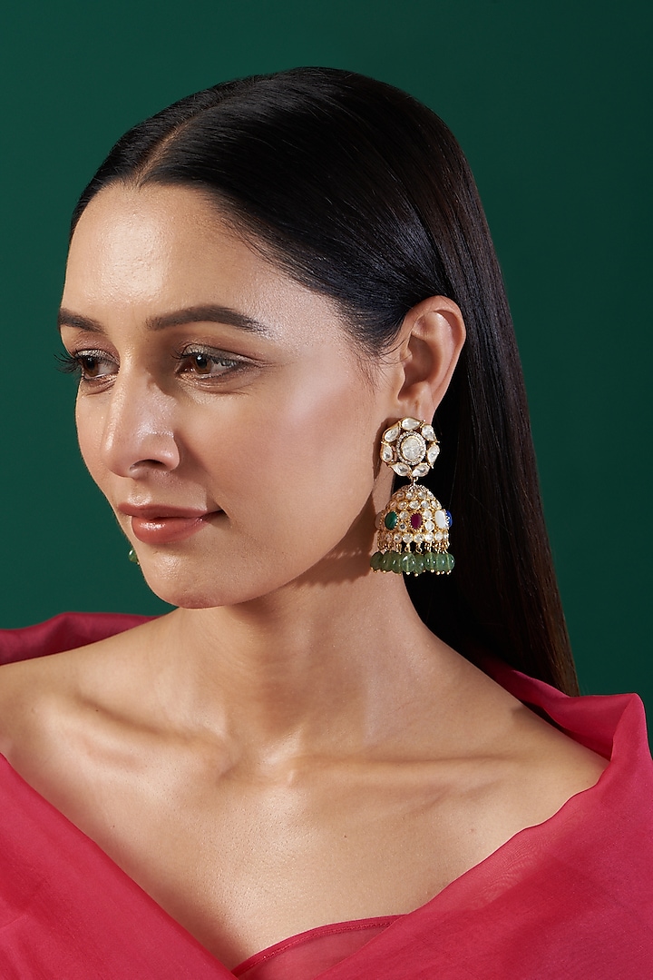 Gold Plated Navratna Earrings In Sterling Silver by IVORINE