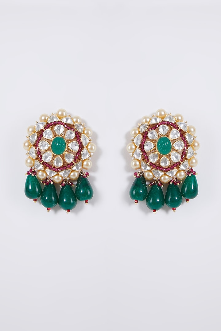 Gold Plated Green Stone Floral Earrings In Sterling Silver by IVORINE at Pernia's Pop Up Shop