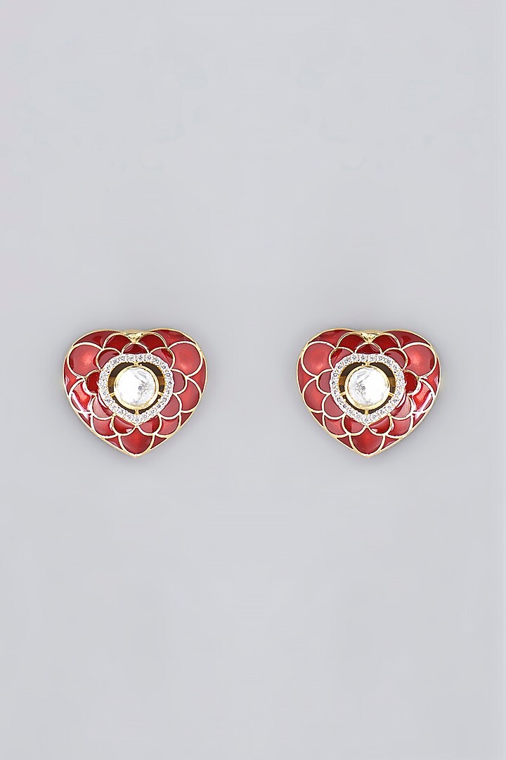 Gold Plated Red Stones & Moissanite Polki Handcrafted Enamelled Stud Earrings In Sterling Silver by IVORINE at Pernia's Pop Up Shop