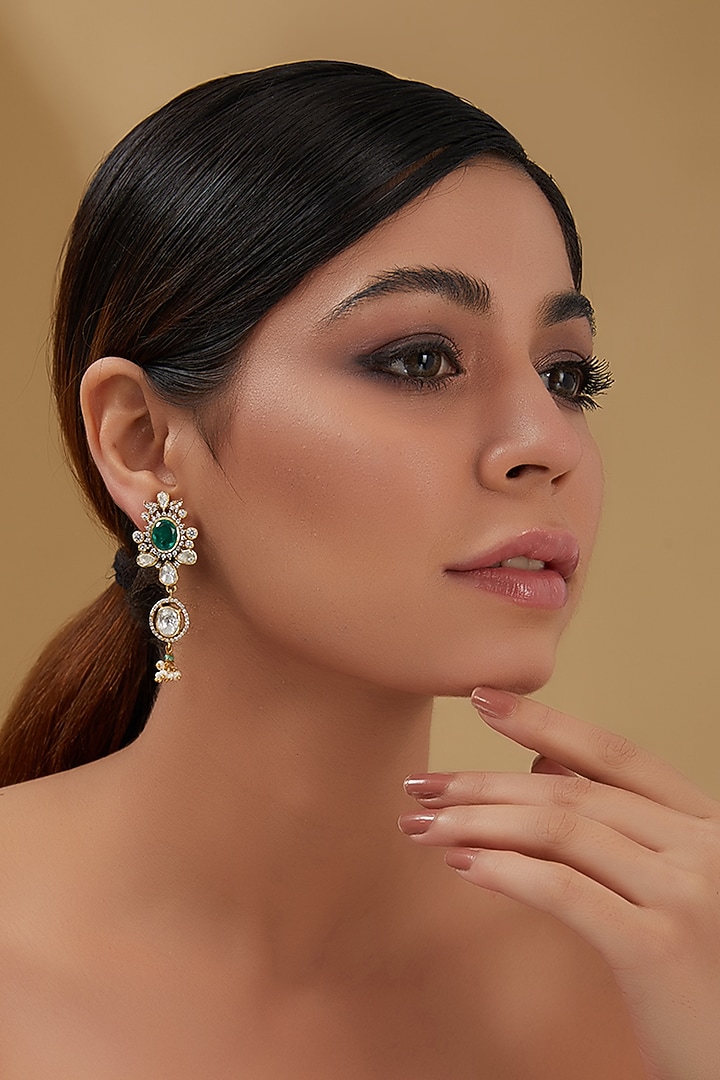 Gold Plated Moissanite Polki & Emerald Floral Dangler Earrings In Sterling Silver by IVORINE at Pernia's Pop Up Shop