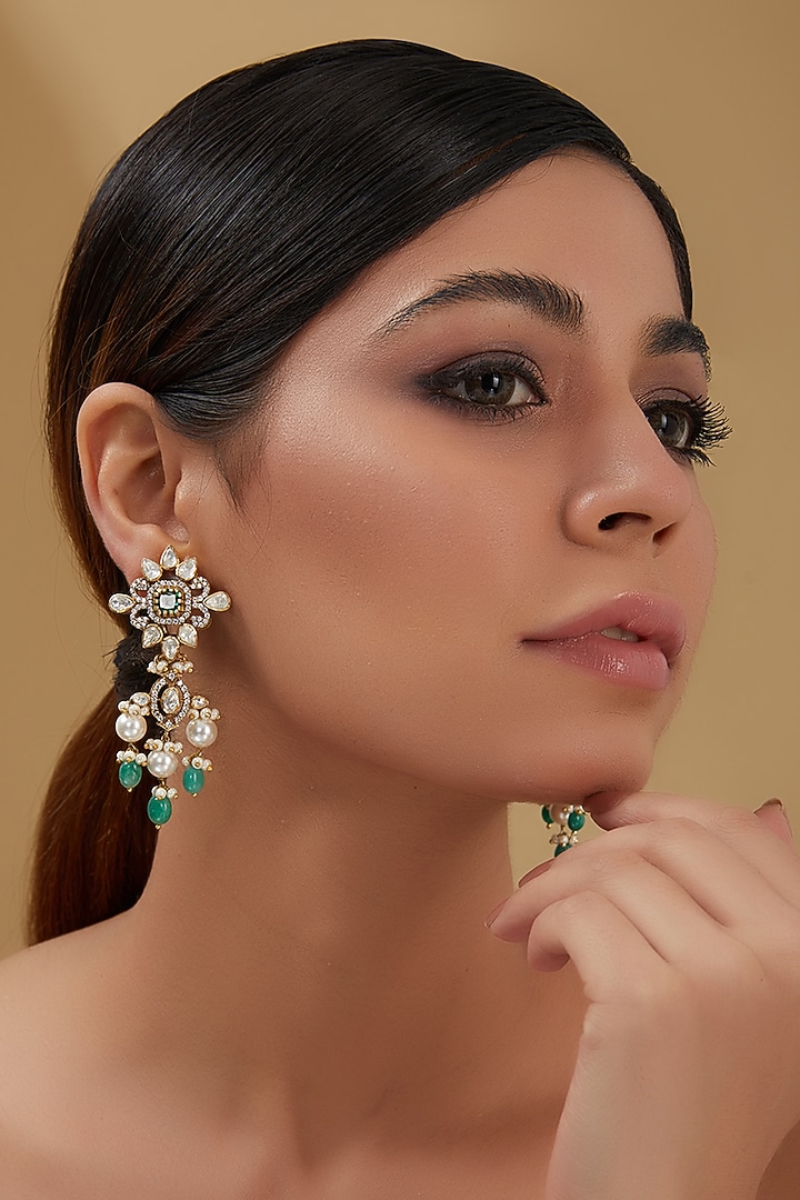 Gold Plated Moissanite Polki & Emerald Dangler Earrings In Sterling Silver by IVORINE at Pernia's Pop Up Shop