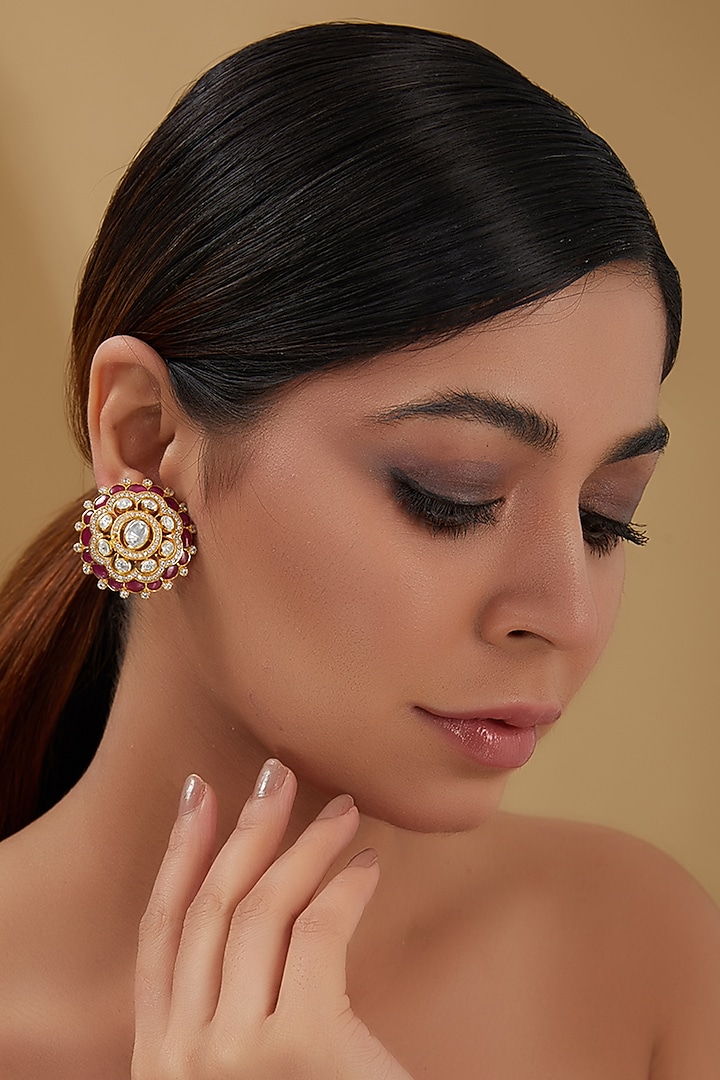 Gold Plated Moissanite Polki & Ruby Stud Earrings In Sterling Silver by IVORINE at Pernia's Pop Up Shop