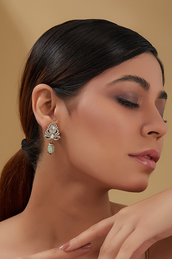 Gold Plated Moissanite Polki & Drop Dangler Earrings In Sterling Silver by IVORINE at Pernia's Pop Up Shop