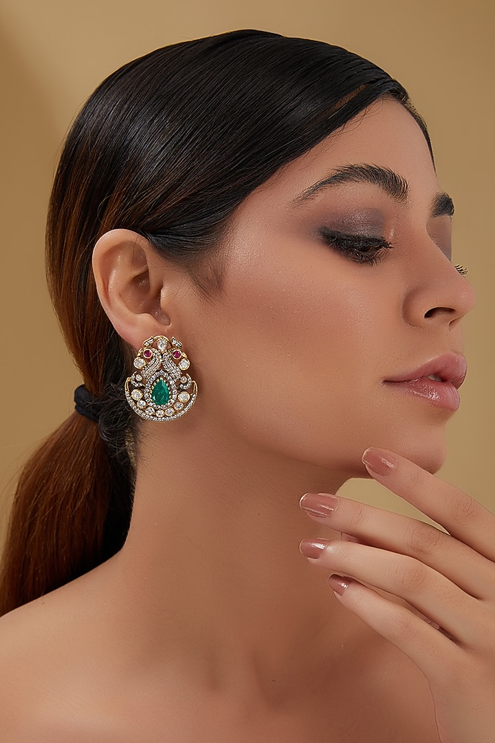 Gold Plated Moissanite Polki & Emerald Stud Earrings In Sterling Silver by IVORINE at Pernia's Pop Up Shop