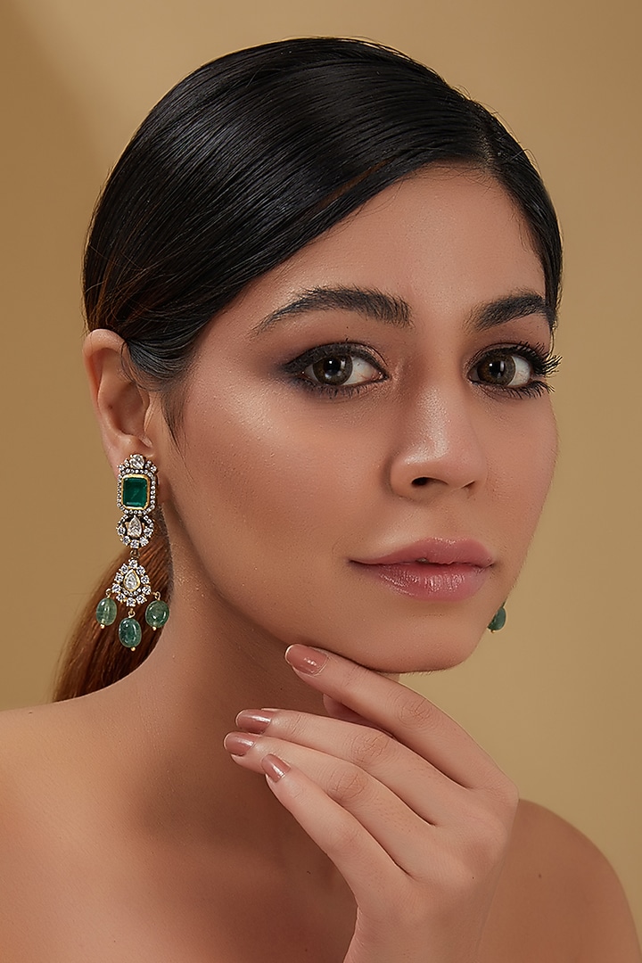 Gold Plated Moissanite Polki & Emerald Dangler Earrings In Sterling Silver by IVORINE at Pernia's Pop Up Shop