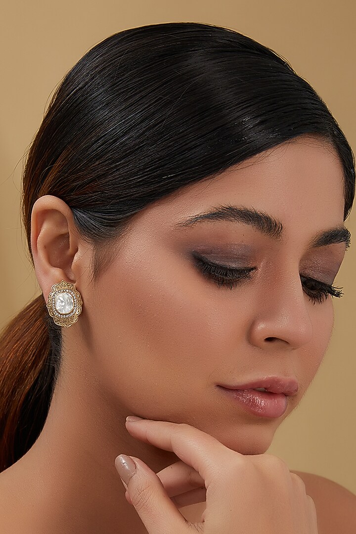 Gold Plated Moissanite Polki Stud Earrings In Sterling Silver by IVORINE at Pernia's Pop Up Shop
