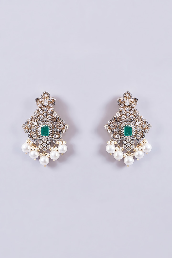 Gold Plated Moissanite Polki & Emerald Dangler Earrings In Sterling Silver by IVORINE at Pernia's Pop Up Shop