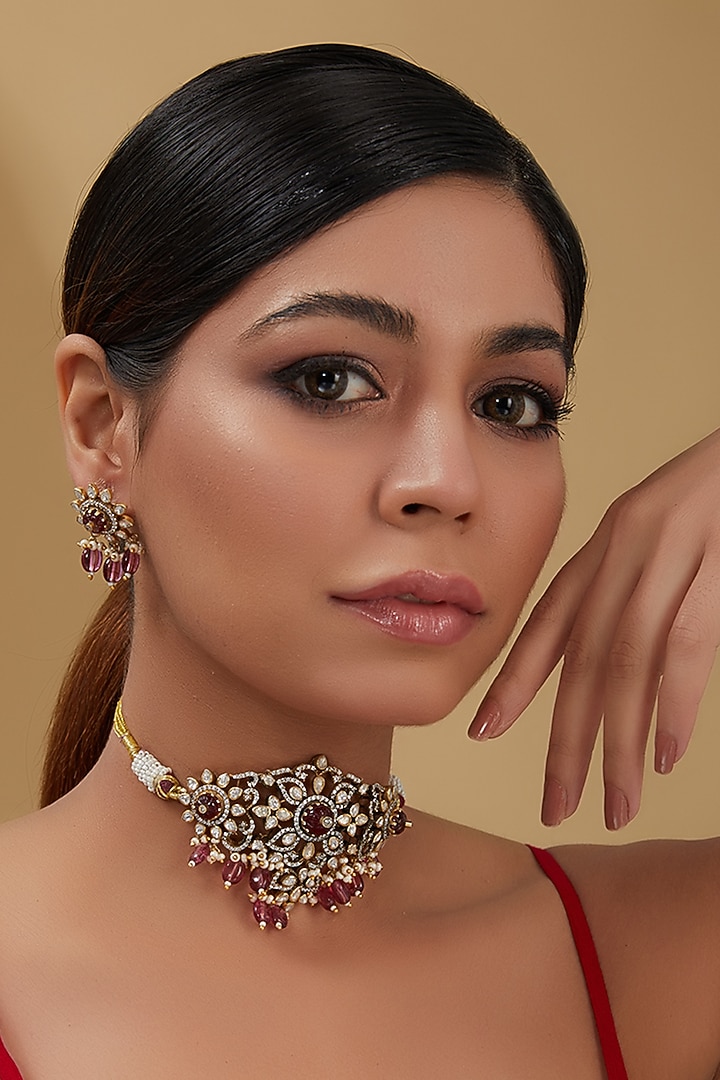 Gold Plated Moissanite Polki & Ruby Choker Necklace Set In Sterling Silver by IVORINE at Pernia's Pop Up Shop
