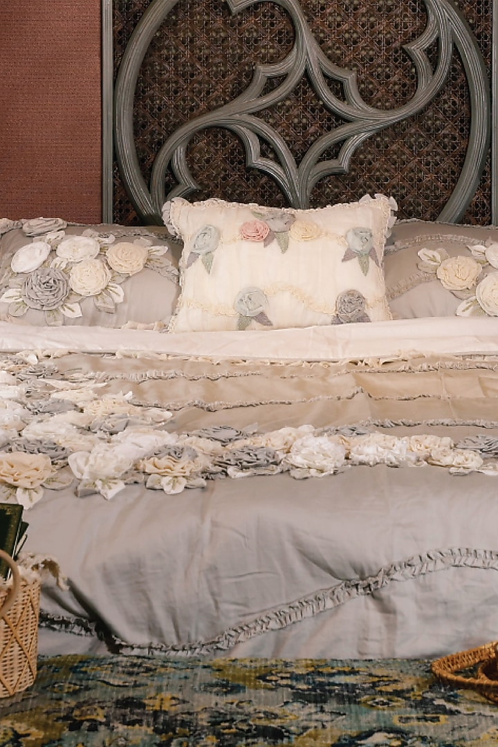 Linen Blossom Grey Cotton Satin Bed Cover Set by IZZHAAR at Pernia's Pop Up Shop