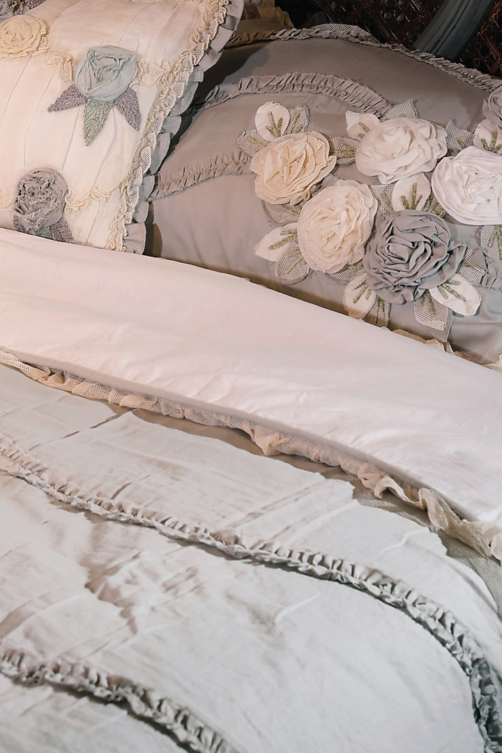 Linen Blossom Grey Cotton Satin Bed Cover Set by IZZHAAR at Pernia's Pop Up Shop