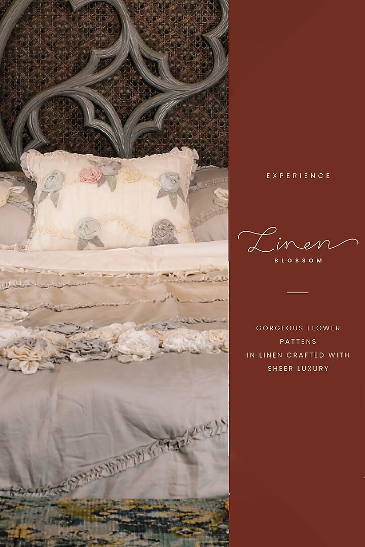 Linen Blossom Grey Cotton Satin Bed Cover Set by IZZHAAR at Pernia's Pop Up Shop