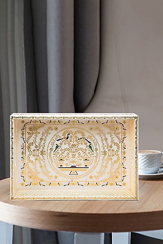 Peshkari Gold Printed White Mdf Wood Serving Tray by IZZHAAR