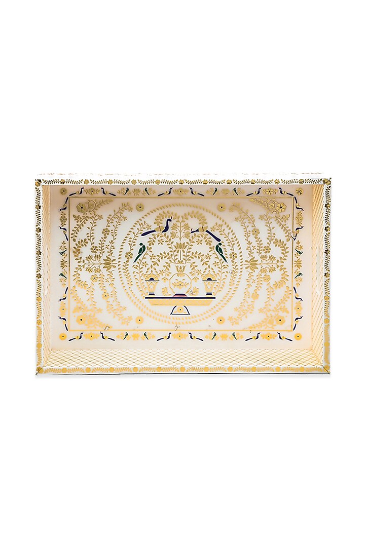 Peshkari Gold Printed White Mdf Wood Serving Tray by IZZHAAR at Pernia's Pop Up Shop