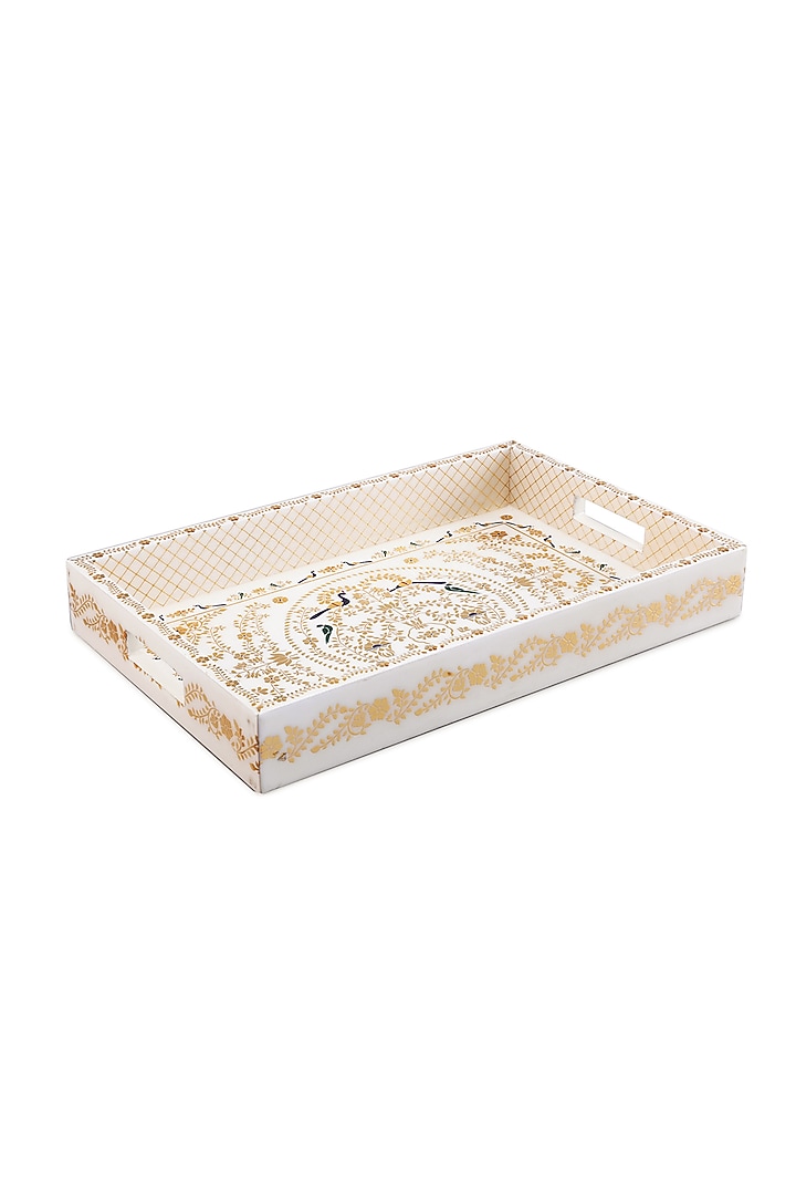 Peshkari Gold Printed White Mdf Wood Serving Tray by IZZHAAR at Pernia's Pop Up Shop