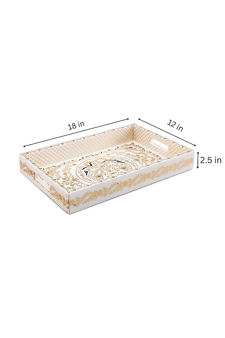 Peshkari Gold Printed White Mdf Wood Serving Tray by IZZHAAR at Pernia's Pop Up Shop