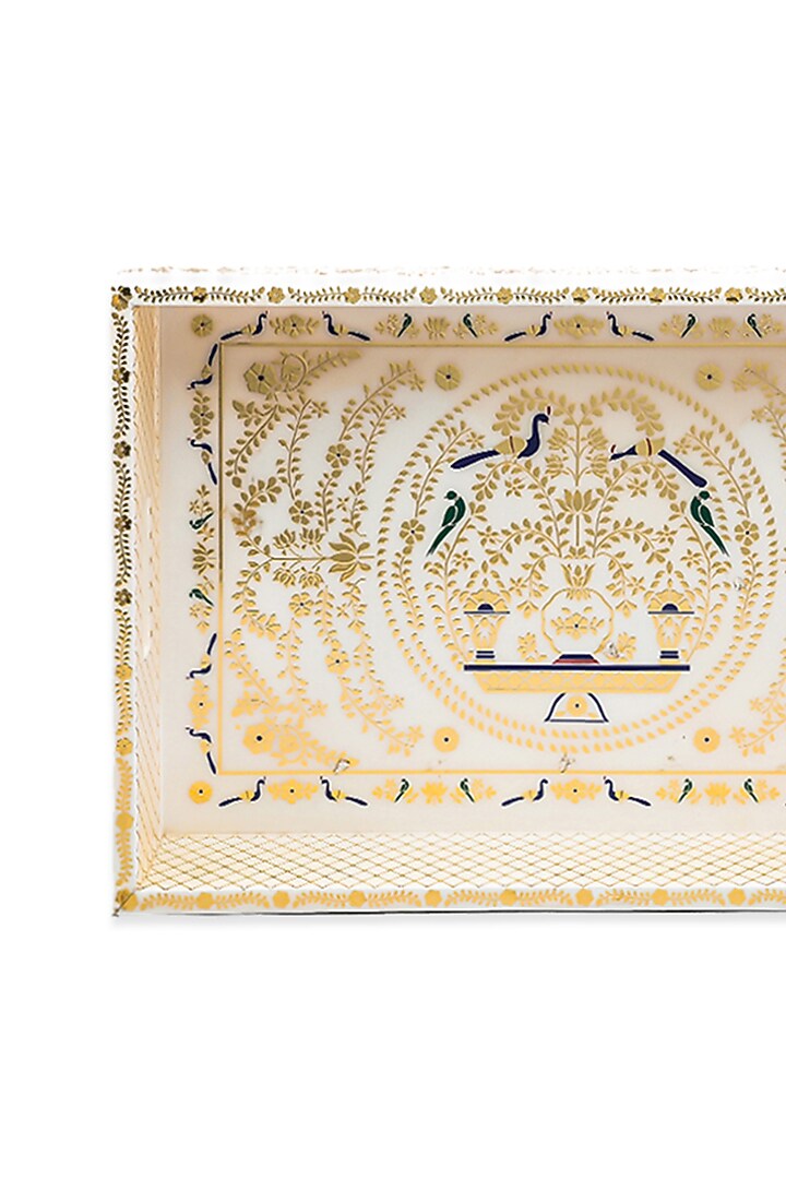 Peshkari Gold Printed White Mdf Wood Serving Tray by IZZHAAR at Pernia's Pop Up Shop