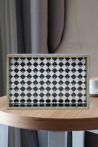 Gingham Bee Printed Black & White Mdf Wood Serving Tray by IZZHAAR