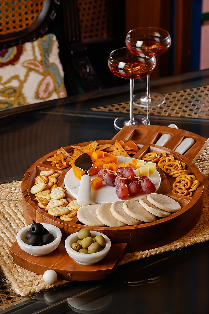 Snow Forest Brown Wood & Marble Round Cheese Platter by IZZHAAR