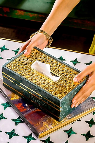 Green Garnet Marble & Metal Tissue Box by IZZHAAR