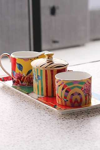 Multi-colored Fine Bone China Wild Charm printed Cockatoo Rectangle Serving Tray by IZZHAAR