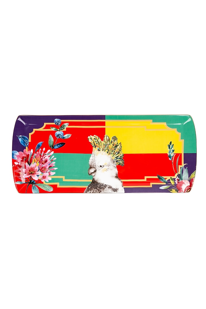 Multi-colored Fine Bone China Wild Charm printed Cockatoo Rectangle Serving Tray by IZZHAAR at Pernia's Pop Up Shop