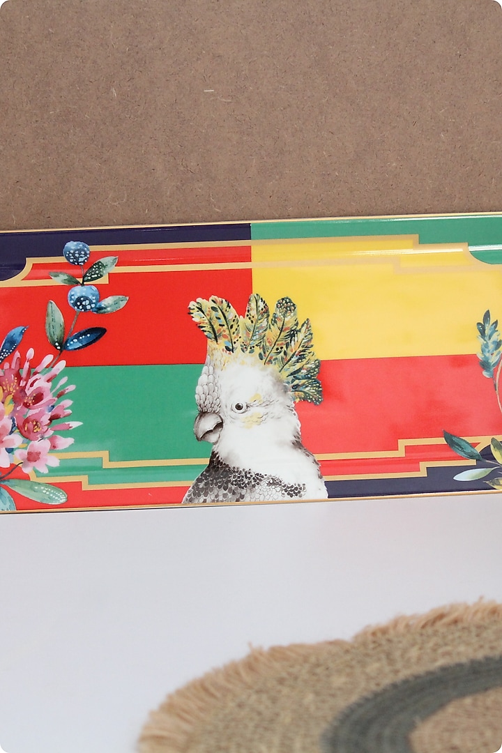 Multi-colored Fine Bone China Wild Charm printed Cockatoo Rectangle Serving Tray by IZZHAAR at Pernia's Pop Up Shop