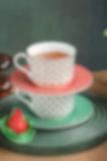 Green & Multi-Colored Fine Bone China Almaaz Printed Cup With Saucer (Set of 2) by IZZHAAR at Pernia's Pop Up Shop