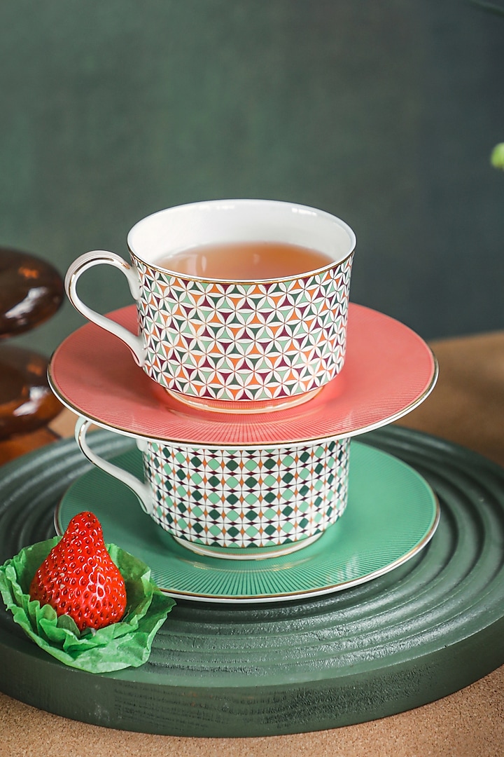 Green & Multi-Colored Fine Bone China Almaaz Printed Cup With Saucer (Set of 2) by IZZHAAR at Pernia's Pop Up Shop