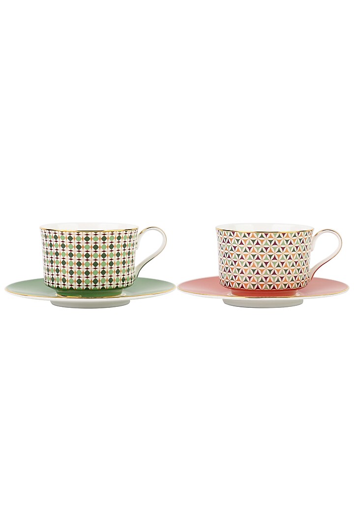 Green & Multi-Colored Fine Bone China Almaaz Printed Cup With Saucer (Set of 2) by IZZHAAR at Pernia's Pop Up Shop