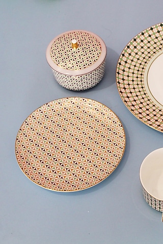 Green & Multi-Colored Fine Bone China Almaaz Printed Plate Set (Set of 2) by IZZHAAR